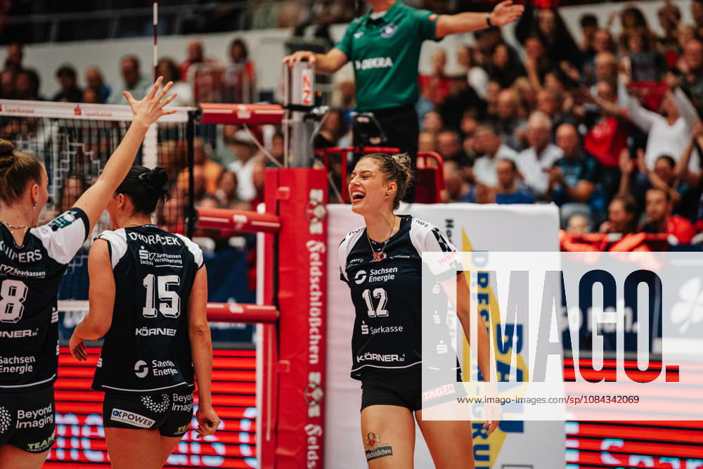 Pictured: Mette Pfeffer, 12, of Dresdner SC celebrates after scoring a point on October 10, 2026, Dresdner SC vs. Allianz MTV Stuttgart, DEKRA 1 Bundesliga Women, Volleyball, Germany, Dresden, Cyberport Arena