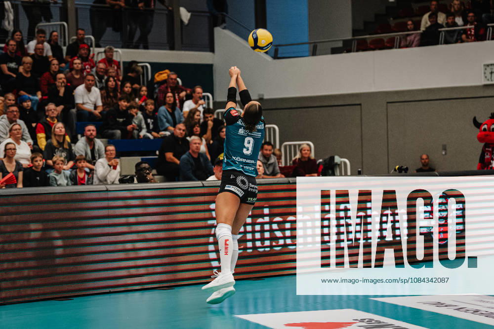 Pictured: Emilia Schaarschmidt, 9, of Dresdner SC, saves the ball from 10 10 2026, Dresdner SC vs. Allianz MTV Stuttgart, DEKRA 1 Bundesliga Women, Volleyball, Germany, Dresden, Cyberport Arena