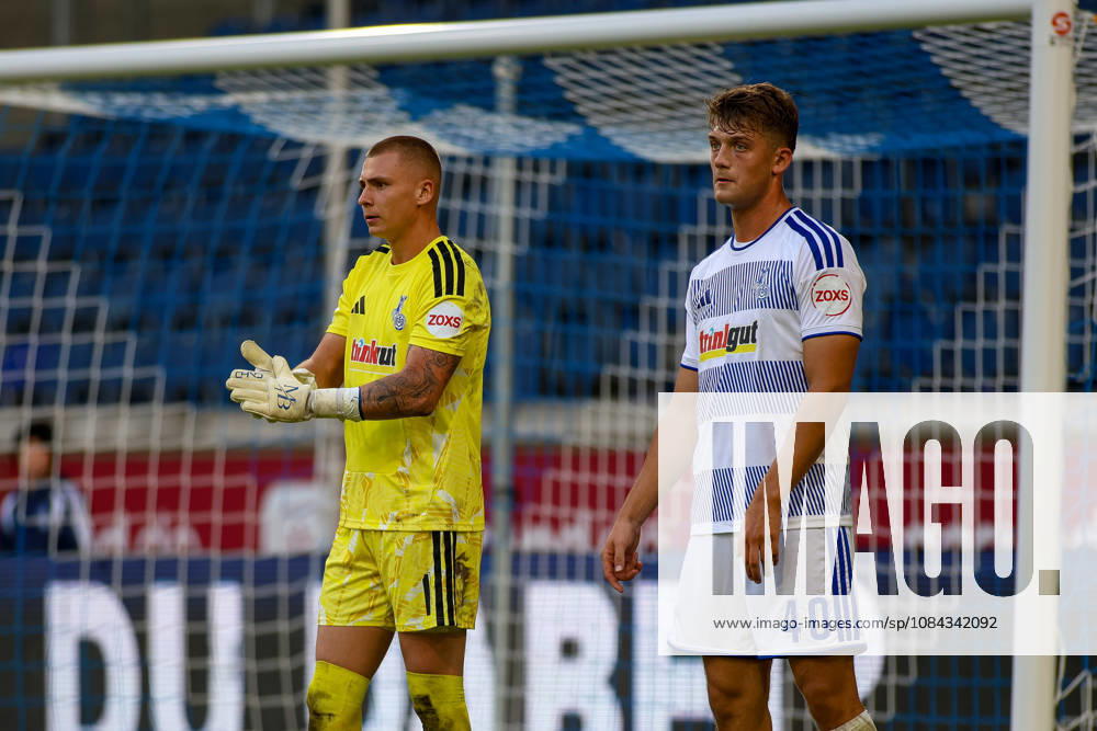 Germany, Soccer, Men s, 3rd Division, 2026–2027 Season, MSV Duisburg vs. TSG Hoffenheim II; Maximilian Braune (MSV) and Ben Schlicke (MSV) are watching