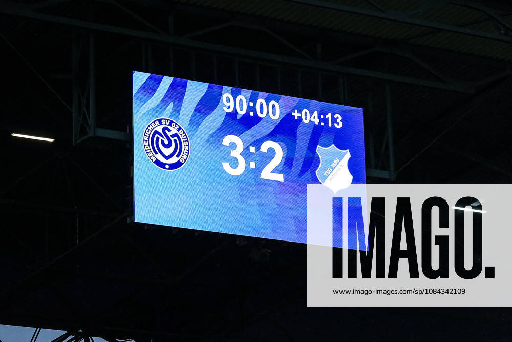 Sports, Soccer, 3rd Division, 2026–2027 Season, Matchday 8: MSV Duisburg vs. TSG 1899 Hoffenheim II, October 10, 2026, Schauinsland Reisen Arena—scoreboard showing the final score: MSV Duisburg 3, Hoffenheim 2; Duisburg, Schauinsland Reisen Arena, North Rhine-Westphalia, Germany