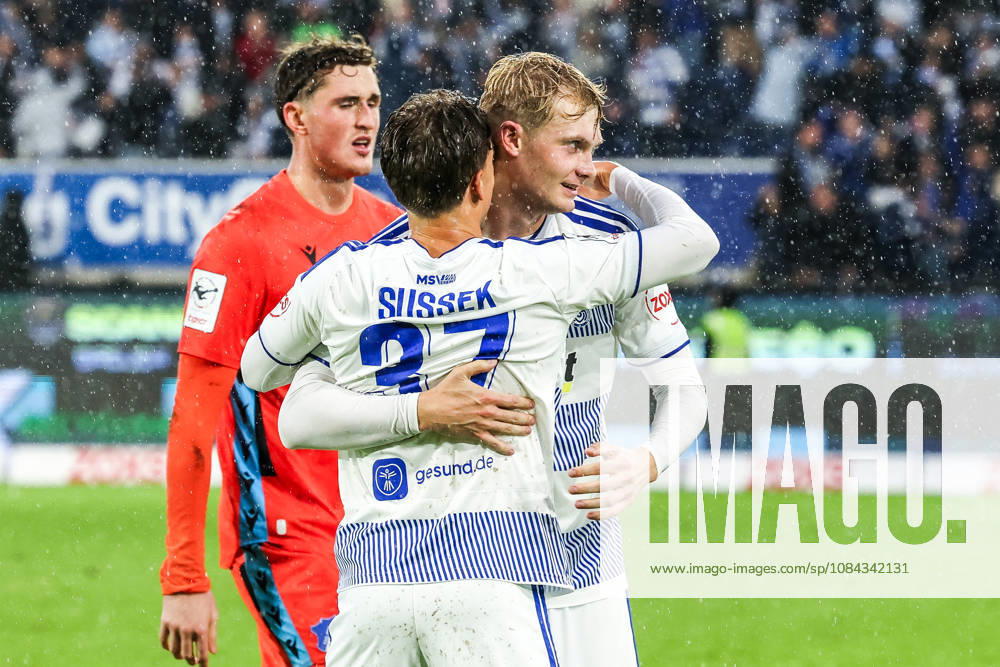 Sports, Soccer, 3rd Division, 2026–2027 Season, Matchday 8: MSV Duisburg vs. TSG 1899 Hoffenheim II, October 10, 2026, Schauinsland Reisen Arena: Patrick Sussek (MSV Duisburg, 37) and Peter Remmert (MSV Duisburg, 39) celebrate the victory after the game at the Schauinsland Reisen Arena in Duisburg, North Rhine-Westphalia, Germany