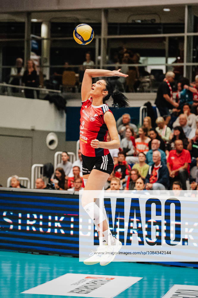 Pictured: Jasmine Gross 3 of MTV Stuttgart serving on October 10, 2026, Dresdner SC Allianz MTV Stuttgart, DEKRA 1st Bundesliga Women, Volleyball, Germany, Dresden, Cyberport Arena