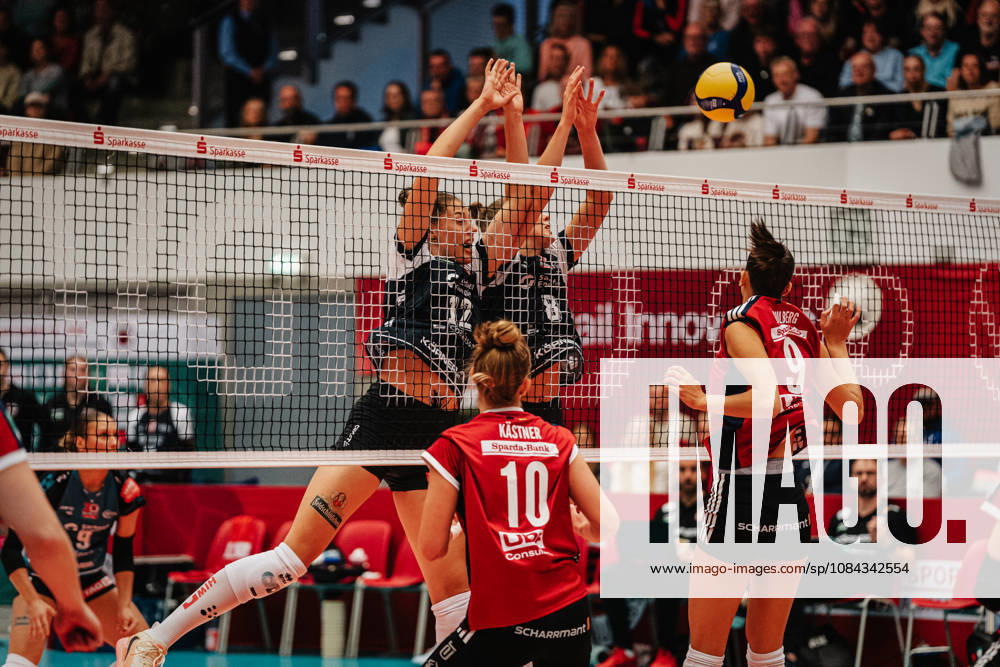 Pictured: A successful block by Mette Pfeffer (12), Dresdner SC, and Jette Kuipers (8), Dresdner SC, on October 10, 2026, Dresdner SC vs. Allianz MTV Stuttgart, DEKRA 1 Bundesliga Women, Volleyball, Germany, Dresden, Cyberport Arena