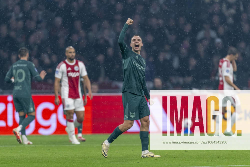 AMSTERDAM — NEC Nijmegen midfielder Darko Nejasmic celebrates the 1-1 tie during the Vriendenloterij Eredivisie match between Ajax and NEC at the Johan Cruijff ArenA on October 10, 2026, in Amsterdam, the Netherlands. Photo by DeFodi Images