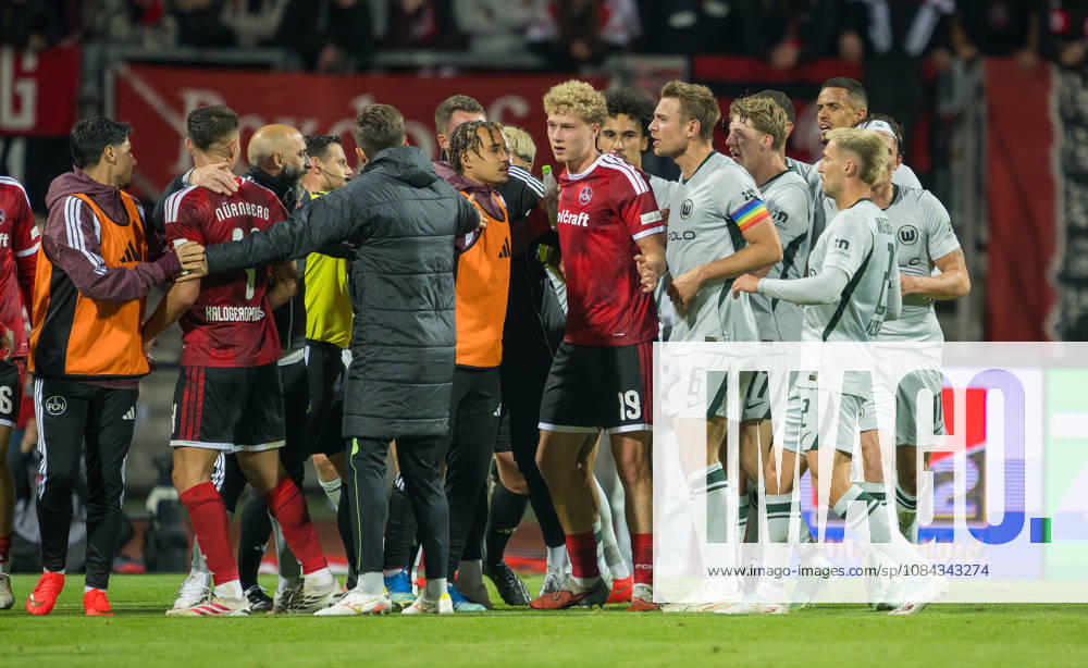 Soccer Season 2026–2027, Matchday 2, Bundesliga, Matchday 7: 1. FC Nürnberg (FCN) vs. VfL Wolfsburg (WOB) Wolves Sports Photo by Zink . DFL regulations prohibit any use of photographs as image sequences and or quasi-video; for editorial use only. Discussion: Half-time dispute