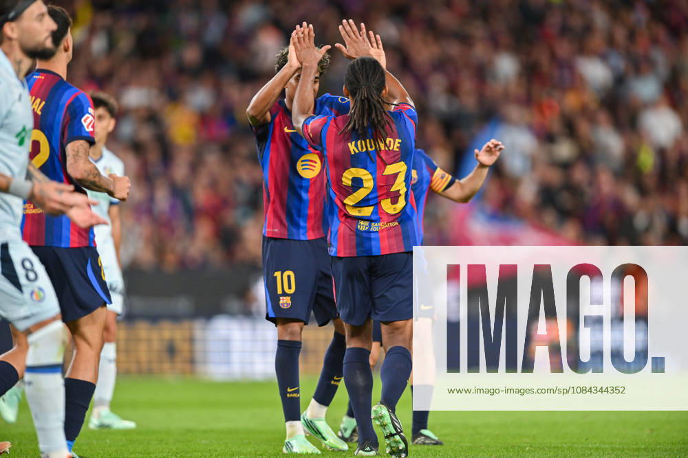 FC Barcelona, Barca v GETAFE CF SPOTIFY CAMP NOU. BARCELONA October 10,2026 FC BARCELONA vs GETAFE CF OCTOBER 10 ,2026 Jules Kounde (23) of FC Barcelona celebrates scoring his team s third goal with Lamine Yamal (10) of FC Barcelona during the match between FC Barcelona and Getafe CF corresponding to the eighth day of La Liga EA Sports at at Spotify Camp Nou in Barcelona, Spain. Barcelona ESP