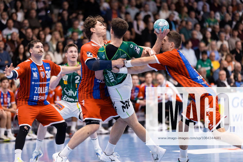 Fynn Luca NICOLAUS, SG BBM Bietigheim, No. 14, in a one-on-one battle against Elias NEWEL of FRISCH AUF Goeppingen, No. 40 GER, FRISCH AUF Goeppingen vs. SG BBM Bietigheim, Handball, Bundesliga, OPEL HBL, Matchday 8, 2026–2027 season, October 10, 2026, GER, FRISCH AUF Goeppingen vs. SG BBM Bietigheim, Handball, Bundesliga, OPEL HBL, Matchday 8, 2026–2027 Season, October 10, 2026, Goeppingen