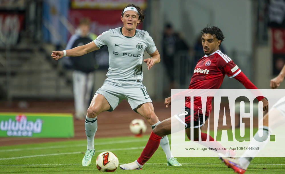 Soccer Season 2026–2027, Matchday 2, Bundesliga, Matchday 7: 1. FC Nürnberg (FCN) vs. VfL Wolfsburg (WOB), Wolves. Sports photo by Zink . DFL regulations prohibit any use of photographs as image sequences and or quasi-video; for editorial use only. Fabian Reese 11, VfL Wolfsburg; Rayan Ghrieb 7, 1 FC Nuremberg (FCN)