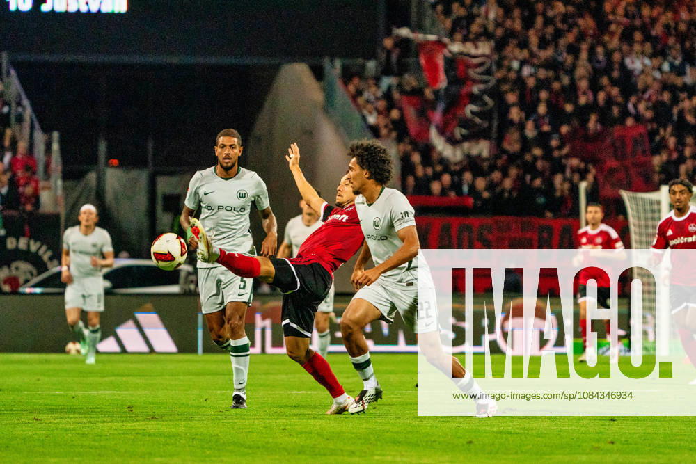 Julian Justvan, 1 FC Nuremberg, 10, and Mathys Angely, VfL Wolfsburg, 22, GER, 1 FC Nuremberg vs. VfL Wolfsburg, Soccer, 2. Bundesliga, Matchday 7, 2026–2027 Season, October 10, 2026, DFL regulations prohibit any use of photographs as image sequences and or quasi-video, GER, 1. FC Nuremberg vs. VfL Wolfsburg, soccer, 2. Bundesliga, Matchday 7, 2026–2027 season, October 10, 2026, Nuremberg