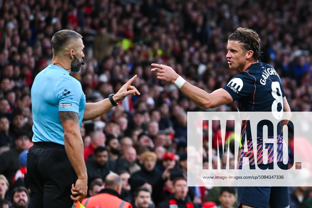 MANCHESTER, ENGLAND, OCT 10: Conor Gallagher of Tottenham Hotspur argues with the linesman during the Premier League match between Manchester United, ManU and Tottenham Hotspur at Old Trafford in Manchester, England (Will Palmer Sports Press Photo)