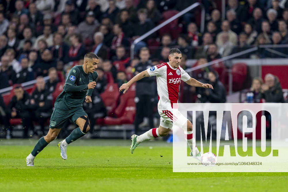 AMSTERDAM l NEC Nijmegen defender Gabriel Bras and AFC Ajax Amsterdam midfielder Oscar Gloukh during the Vriendenloterij Eredivisie match between Ajax and NEC at the Johan Cruijff ArenA on October 10, 2026, in Amsterdam, the Netherlands. Photo by DeFodi Images