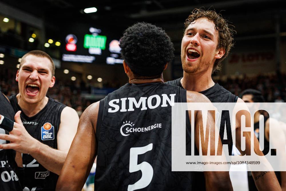 Marco Hollersbacher, Gladiators Trier; Marten Linssen, Gladiators Trier; Justin Simon, Gladiators Trier; celebration, joy, excitement; Vet Concept Gladiators Trier vs. Alba Berlin, basketball, easyCredit BBL, Matchday 5, 2026–2027 season, October 10, 2026, Vet Concept Gladiators Trier vs. Alba Berlin, basketball, easyCredit BBL, Matchday 5, 2026–2027 season