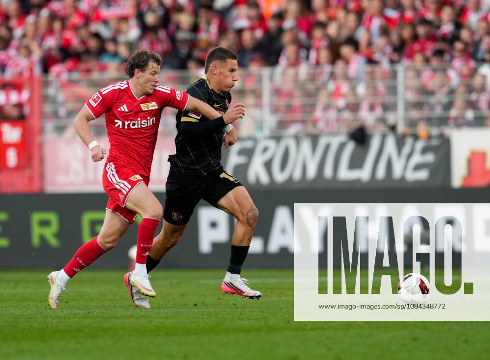 Tim Skarke, 1 FC Union Berlin, 21, in a tackle with Lukas Finn Pinckert, SV Elversberg, 19, GER, 1 FC Union Berlin vs. SV Elversberg, Bundesliga 1, Matchday 5, 2026–27 season, Stadion An der Alten Foersterei, Berlin, October 10, 2026 DFL regulations prohibit any use of photographs as image sequences and or quasi-video 1. FC Union Berlin vs. SV Elversberg, 1 Bundesliga, Matchday 5, 2026–27 Season, October 10, 2026, Berlin