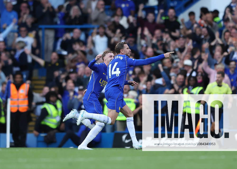 10th October 2026; Stamford Bridge, London, England; Premier League Football, Chelsea versus Bournemouth; Jordan Henderson of Chelsea celebrates scoring his sides 5th goal from a direct free kick in the 70th minute to make it 5-1 with Cole Palmer of Chelsea JohnxPatrickxFletcher