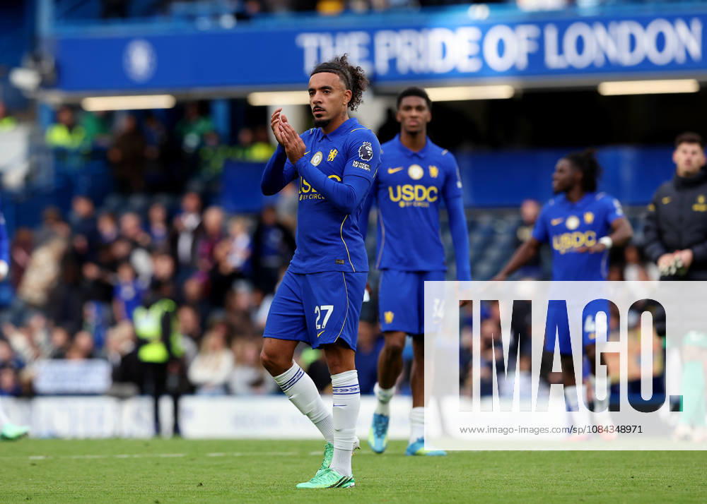 10th October 2026; Stamford Bridge, London, England; Premier League Football, Chelsea versus Bournemouth; Malo Gusto of Chelsea applauding the Chelsea fans after the match JohnxPatrickxFletcher