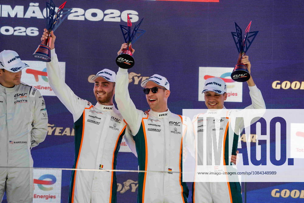 AUTO - ELMS - 4 HOURS OF PORTIMAO 2026 75 KURZEJEWSKI Matt (usa), SARGENT Thomas (usa), LIETZ Richard (aut), Proton Competition, Porsche 911 GT3 R LMGT3, LMGT3, 33 MCDONALD Blake (usa), UDELL Alec (usa), EASTWOOD Charlie (irl), TF Corvette Z06 LMGT3.R, LMGT3, 54 MORITZ Max (ger), PAQUE Benjamin (bel), BACHLER Klaus (aut), High Class Racing, Porsche 911 GT3 R LMGT3, LMGT3, podium, portrait celebration during the 4 Hours of Portimao 2026, 6th round of the 2026 European Le Mans Series on the Autodromo Internacional do Algarve from October 8 to 10, 2026 in Portimao, Portugal - PortimaoPortugal