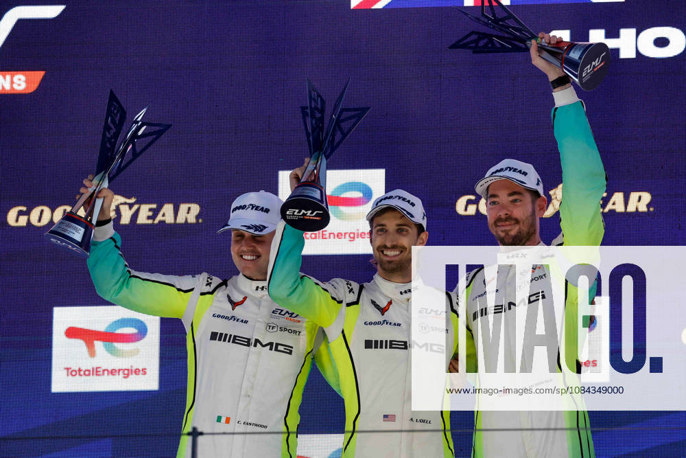 AUTO - ELMS - 4 HOURS OF PORTIMAO 2026 75 KURZEJEWSKI Matt (usa), SARGENT Thomas (usa), LIETZ Richard (aut), Proton Competition, Porsche 911 GT3 R LMGT3, LMGT3, 33 MCDONALD Blake (usa), UDELL Alec (usa), EASTWOOD Charlie (irl), TF Corvette Z06 LMGT3.R, LMGT3, 54 MORITZ Max (ger), PAQUE Benjamin (bel), BACHLER Klaus (aut), High Class Racing, Porsche 911 GT3 R LMGT3, LMGT3, podium, portrait celebration during the 4 Hours of Portimao 2026, 6th round of the 2026 European Le Mans Series on the Autodromo Internacional do Algarve from October 8 to 10, 2026 in Portimao, Portugal - PortimaoPortugal