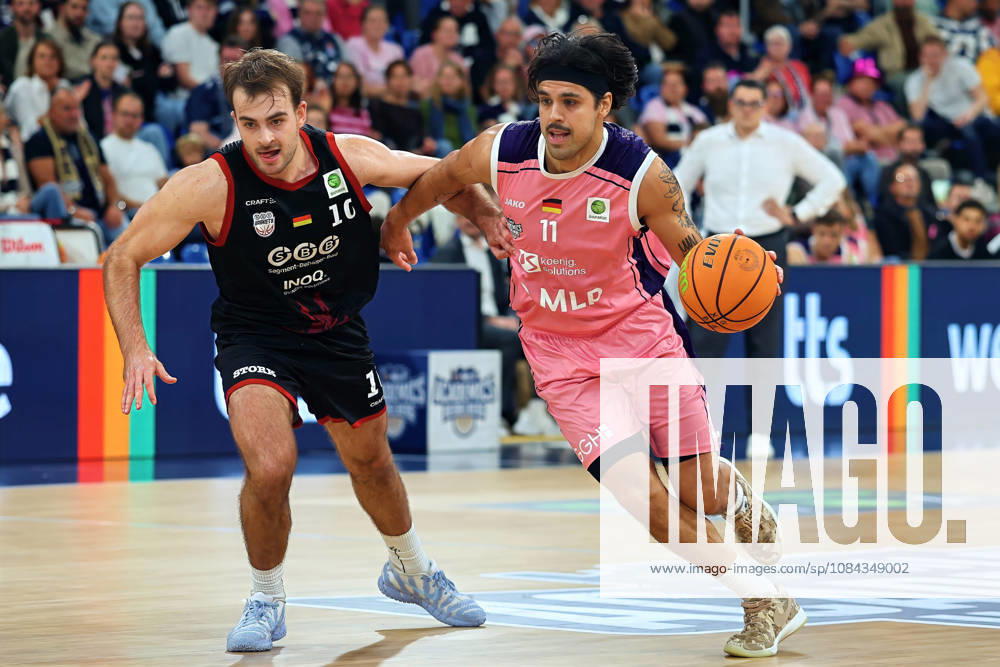 From left in a one-on-one matchup: Sebastian Brach (SBB Baskets Wolmirstedt), 10, Erol Ersek (MLP Academics Heidelberg), 11 GER BBL MLP Academics Heidelberg vs. SBB Baskets Wolmirstedt, Basketball Barmer 2, Basketball Bundesliga ProA, Matchday 4, 2026–2027 Season, October 10, 2026, GER, MLP Academics Heidelberg vs. SBB Baskets Wolmirstedt, Basketball Barmer 2 Basketball Bundesliga ProA Matchday 4, 2026–2027 season, October 10, 2026, Heidelberg