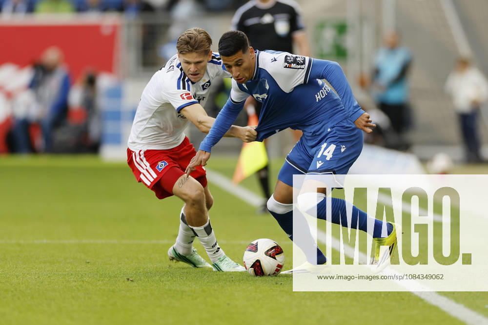 From left to right: Adam Daghim of TSG Hoffenheim and David Moller Wolfe of HSV, in the Bundesliga match between TSG 1899 Hoffenheim and Hamburger SV at the PreZero Arena, Sinsheim, Germany, on October 10, 2026, in action during the Bundesliga match between TSG 1899 Hoffenheim and Hamburger SV at the PreZero Arena, Sinsheim, Germany, on October 10, 2026. DFB and DFL regulations prohibit any use of photographs as image sequences and or quasi-video,