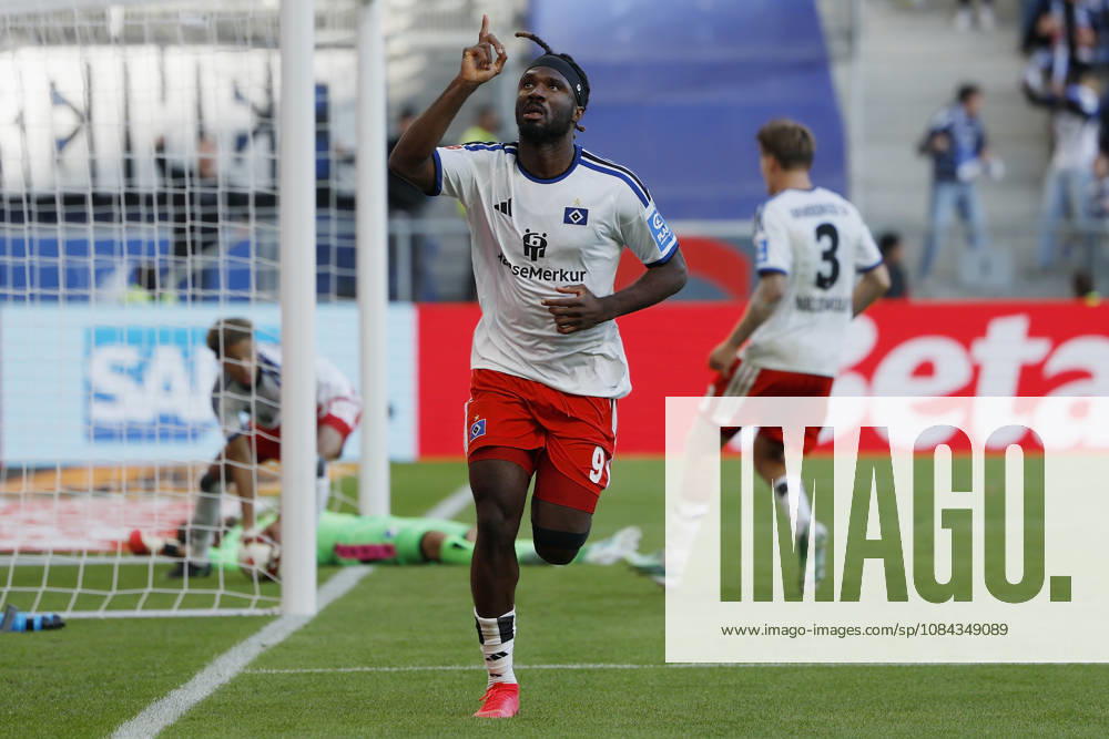 Terem Moffi of HSV outjumps Ozan Kabak of TSG Hoffenheim to head the ball into the net, scoring the goal to tie the game at 2–2, and celebrates the goal in the Bundesliga match between TSG 1899 Hoffenheim and Hamburger SV at the PreZero Arena, Sinsheim, Germany, on October 10, 2026, in action during the Bundesliga match between TSG 1899 Hoffenheim and Hamburger SV at the PreZero Arena, Sinsheim, Germany, on October 10, 2026. DFB and DFL regulations prohibit any use of photographs as image sequences and or quasi-video,