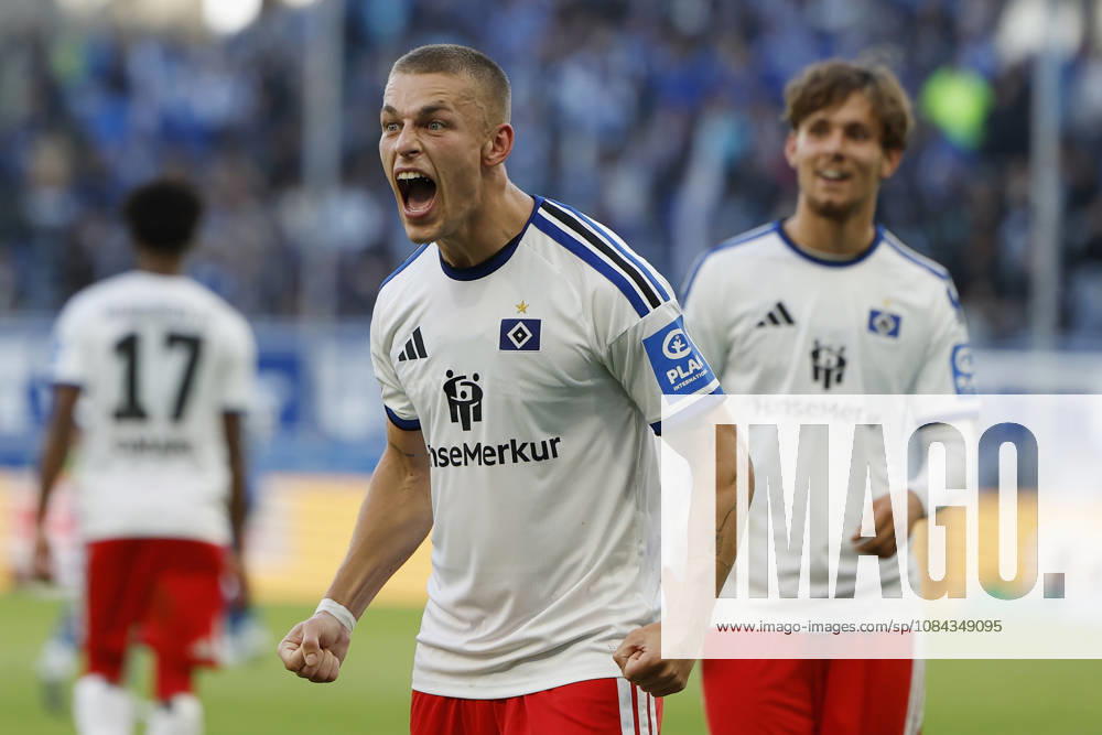 Goal scorer: Miro Muheim (HSV), Celebrating after his goal to make it 2–3, cheering, celebrated, cheers, cheering, emotions during the Bundesliga match between TSG 1899 Hoffenheim and Hamburger SV at the PreZero Arena, Sinsheim, Germany, on October 10, 2026, in action during the Bundesliga match between TSG 1899 Hoffenheim and Hamburger SV at the PreZero Arena, Sinsheim, Germany, on October 10, 2026. DFB and DFL regulations prohibit any use of photographs as image sequences and or quasi-video,