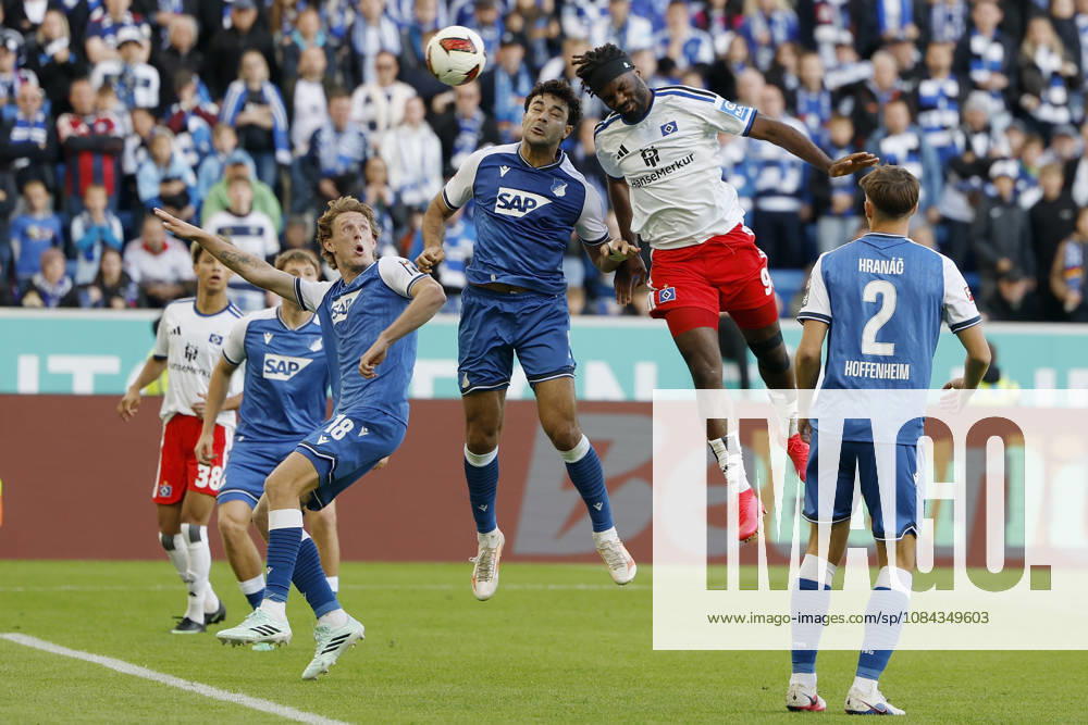 Terem Moffi of HSV outjumps Ozan Kabak of TSG Hoffenheim for a header and scores the goal to tie the game at 2–2, celebrating the goal in the Bundesliga match between TSG 1899 Hoffenheim and Hamburger SV at the PreZero Arena, Sinsheim, Germany, on October 10, 2026, in action during the Bundesliga match between TSG 1899 Hoffenheim and Hamburger SV at the PreZero Arena, Sinsheim, Germany, on October 10, 2026. DFB and DFL regulations prohibit any use of photographs as image sequences and or quasi-video,