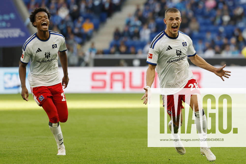 From left to right: Warmed Omari (HSV) and goal scorer Miro Muheim (HSV), Celebrations after the goal that made it 2–3, cheering, celebrated, cheers, cheering, emotions during the Bundesliga match between TSG 1899 Hoffenheim and Hamburger SV at the PreZero Arena, Sinsheim, Germany, on October 10, 2026, in action during the Bundesliga match between TSG 1899 Hoffenheim and Hamburger SV at the PreZero Arena, Sinsheim, Germany, on October 10, 2026. DFB and DFL regulations prohibit any use of photographs as image sequences and or quasi-video,