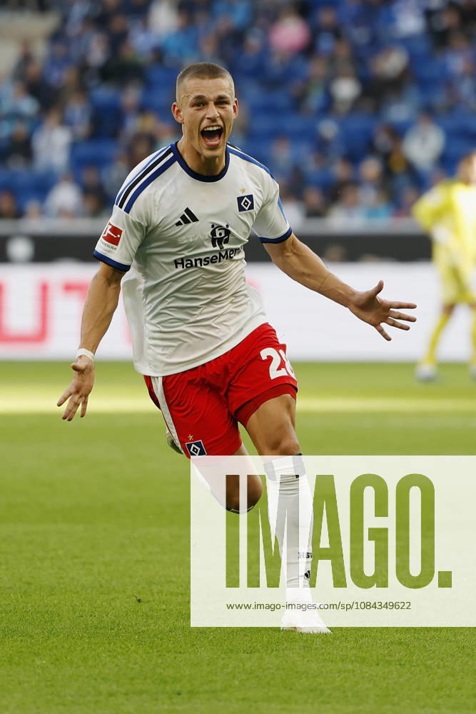 Goal scorer: Miro Muheim (HSV), Celebrating after his goal to make it 2–3, cheering, celebrated, cheers, cheering, emotions during the Bundesliga match between TSG 1899 Hoffenheim and Hamburger SV at the PreZero Arena, Sinsheim, Germany, on October 10, 2026, in action during the Bundesliga match between TSG 1899 Hoffenheim and Hamburger SV at the PreZero Arena, Sinsheim, Germany, on October 10, 2026. DFB and DFL regulations prohibit any use of photographs as image sequences and or quasi-video,