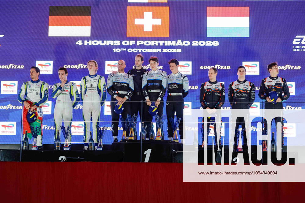 AUTO - ELMS - 4 HOURS OF PORTIMAO 2026 17 LANCHERE Paul (fra), JACOBY Alexander (bra), IGLESIAS Louis (fra), CLX Motorsport, Ligier JS P325 - Toyota, LMP3, 05 FERNANDES CAUTELA Josà (por), RODELLA Alvise (uae), PEDERSEN Mikkel Gaarde (den), Rinaldi Racing, Ligier JS P325 - Toyota, LMP3, 04 RAMMO Antti (est), FAVRE Romain (fra), HENRION Gillian (fra), DKR Engineering, Ligier JS P325 - Toyota, LMP3, podium, portrait celebration during the 4 Hours of Portimao 2026, 6th round of the 2026 European Le Mans Series on the Autodromo Internacional do Algarve from October 8 to 10, 2026 in Portimao, Portugal - PortimaoPortugal