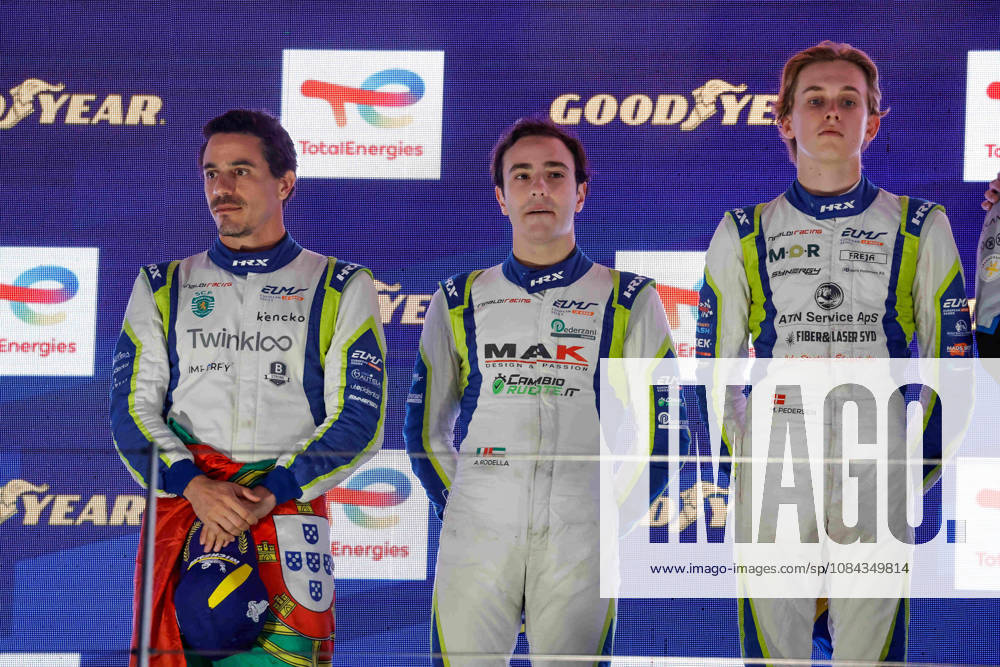 AUTO - ELMS - 4 HOURS OF PORTIMAO 2026 17 LANCHERE Paul (fra), JACOBY Alexander (bra), IGLESIAS Louis (fra), CLX Motorsport, Ligier JS P325 - Toyota, LMP3, 05 FERNANDES CAUTELA Josà (por), RODELLA Alvise (uae), PEDERSEN Mikkel Gaarde (den), Rinaldi Racing, Ligier JS P325 - Toyota, LMP3, 04 RAMMO Antti (est), FAVRE Romain (fra), HENRION Gillian (fra), DKR Engineering, Ligier JS P325 - Toyota, LMP3, podium, portrait celebration during the 4 Hours of Portimao 2026, 6th round of the 2026 European Le Mans Series on the Autodromo Internacional do Algarve from October 8 to 10, 2026 in Portimao, Portugal - PortimaoPortugal