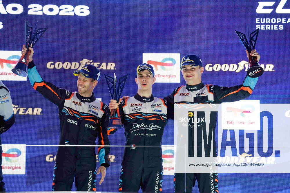 AUTO - ELMS - 4 HOURS OF PORTIMAO 2026 17 LANCHERE Paul (fra), JACOBY Alexander (bra), IGLESIAS Louis (fra), CLX Motorsport, Ligier JS P325 - Toyota, LMP3, 05 FERNANDES CAUTELA Josà (por), RODELLA Alvise (uae), PEDERSEN Mikkel Gaarde (den), Rinaldi Racing, Ligier JS P325 - Toyota, LMP3, 04 RAMMO Antti (est), FAVRE Romain (fra), HENRION Gillian (fra), DKR Engineering, Ligier JS P325 - Toyota, LMP3, podium, portrait celebration during the 4 Hours of Portimao 2026, 6th round of the 2026 European Le Mans Series on the Autodromo Internacional do Algarve from October 8 to 10, 2026 in Portimao, Portugal - PortimaoPortugal