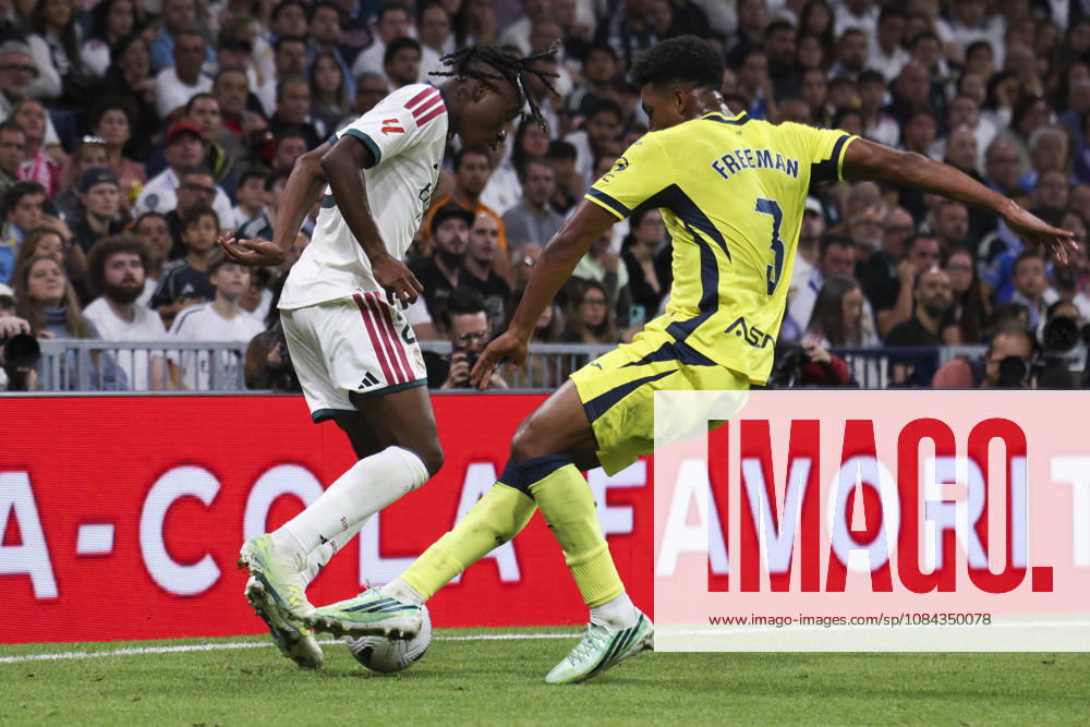 Real Madrid vs. Villarreal, La Liga EA Sports 2026, October 10, 2026, Santiago Bernabéu Stadium, Madrid, Spain Yan Diomande of Real Madrid battles for the ball against Alex Freeman during the La Liga EA Sports match between Real Madrid and Villarreal at Santiago Bernabéu Stadium on October 10, 2026, in Madrid, Spain Madrid Santiago Bernabéu Stadium Madrid Spain