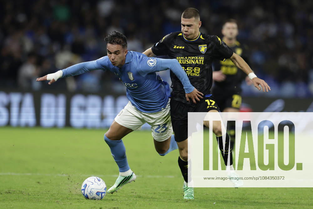 Serie a football match SSC Napoli vs Frosinone Napoli s Brazilian forward Giovane challenges for the ball with Frosinone s Georgian forward Giorgi Kvernadze during the Serie A football match between SSC Napoli vs Frosinone at the Diego Armando Maradona Stadium in Naples, southern Italy, on October 10, 2026. _BPH0094