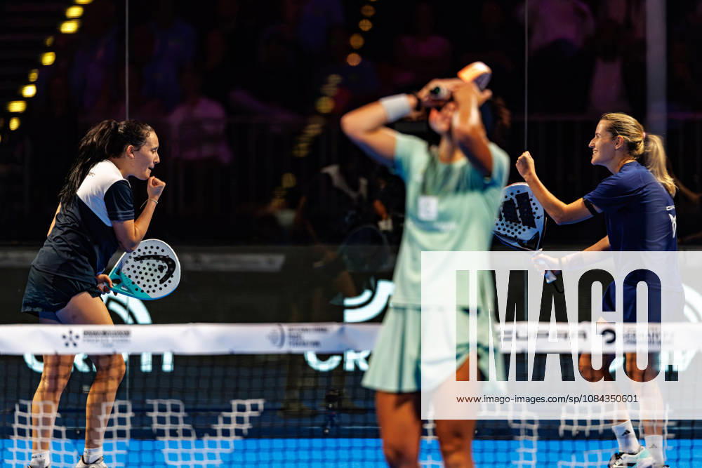 DÜSSELDORF, GERMANY - 10 OCTOBER 2026: Image shows the celebration of Ariana Sanchez Fallada (ESP) and Andrea Ustero Prieto (ESP) infront of Delfina Brea Senesi (ARG) during CUPRA Germany Premier Padel P2 2026 Day 7: Semifinals at CASTELLO Düsseldorf on 10 10 2026 in Düsseldorf, Germany. Germany