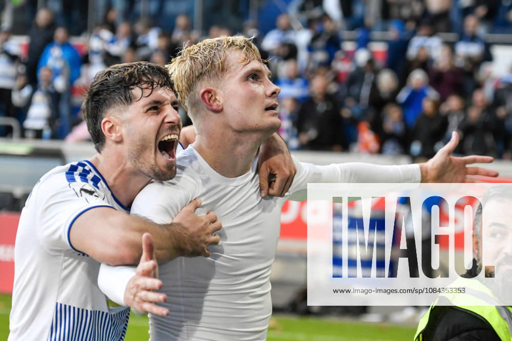 Peter Remmert (Duisburg 39) celebrates with Tobias Fleckstein (Duisburg 5 10 10 2026 ¢) after scoring the goal to make it 3–2. Soccer ¢ MSV Duisburg vs. TSG 1899 Hoffenheim II, Schauinsland Reisen Arena, Duisburg, DFB DFL regulations prohibit any use of photographs as image sequences and or quasi-video. NRW, Germany