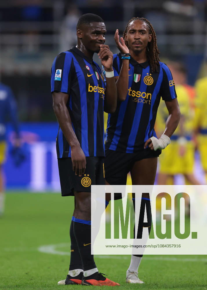 FC Internazionale v Parma Calcio 1913 - Serie A - Season 2026-2027 Milan, Italy, 10th October 2026. Djed Spence of FC Internazionale discusses with team mate Ange-Yoan Bonny following the FC Internazionale vs Parma Calcio 1913 Serie A match at Giuseppe Meazza, Milan. Picture credit should read: Jonathan Moscrop Milan Stadio Giuseppe Meazza Italy