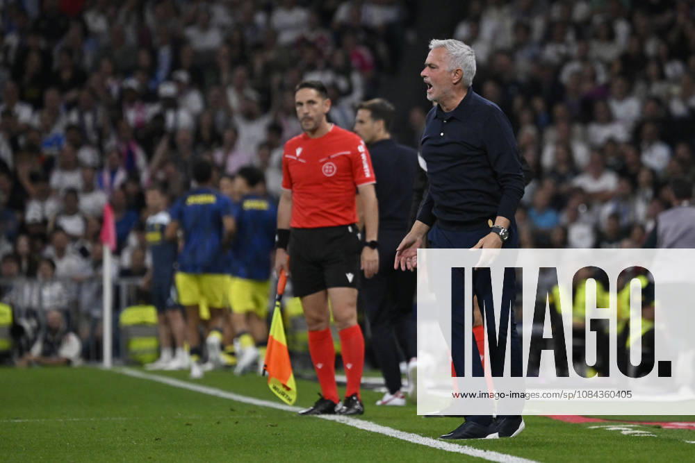 JOSE MOURINHO heach coach of Real Madrid CF protests during the match on Matchday 8 of the 2026-27 National League First Division Championship between REAL MADRID C.F. and VILLARREAL CF, played at the Bernabeu Stadium on October 10, 2026, in Madrid, Spain. Madrid Spain - ZUMAc312 20261010_zsp_c312_230