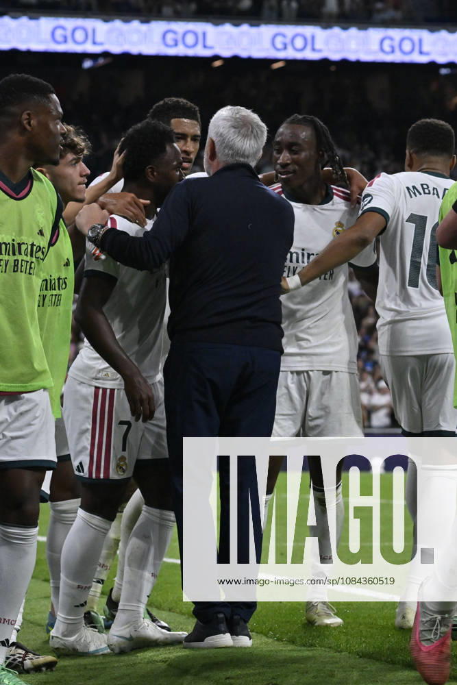 JOSE MOURINHO heach coach of Real Madrid CF celebrates the goal with his teammates, even though it was later disallowed during the match on Matchday 8 of the 2026-27 National League First Division Championship between REAL MADRID C.F. and VILLARREAL CF, played at the Bernabeu Stadium on October 10, 2026, in Madrid, Spain. Madrid Spain - ZUMAc312 20261010_zsp_c312_254