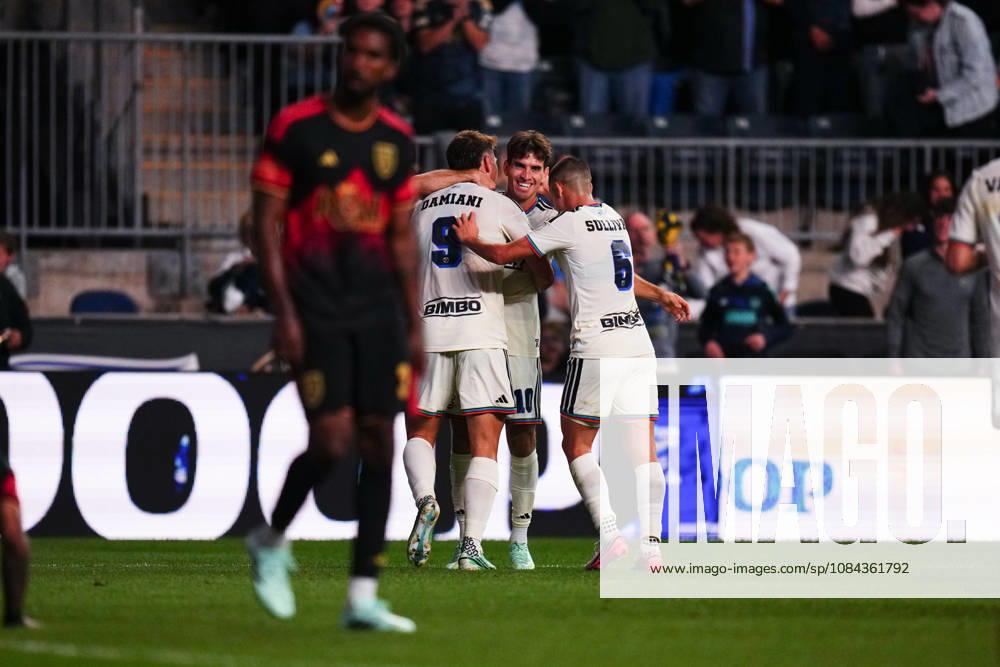 Philadelphia Union Forward Bruno Damiani (9), Philadelphia Union Forward Milan Iloski (10) and Philadelphia Union Midfielder Cavan Sullivan (6) celebrate a goal during the first half of an MLS, Fussball Herren, USA match against Real Salt Lake at Subaru Park in Chester, Pennsylvania. CSM Chester United States of America - ZUMAc04_ 20261010_zma_c04_265