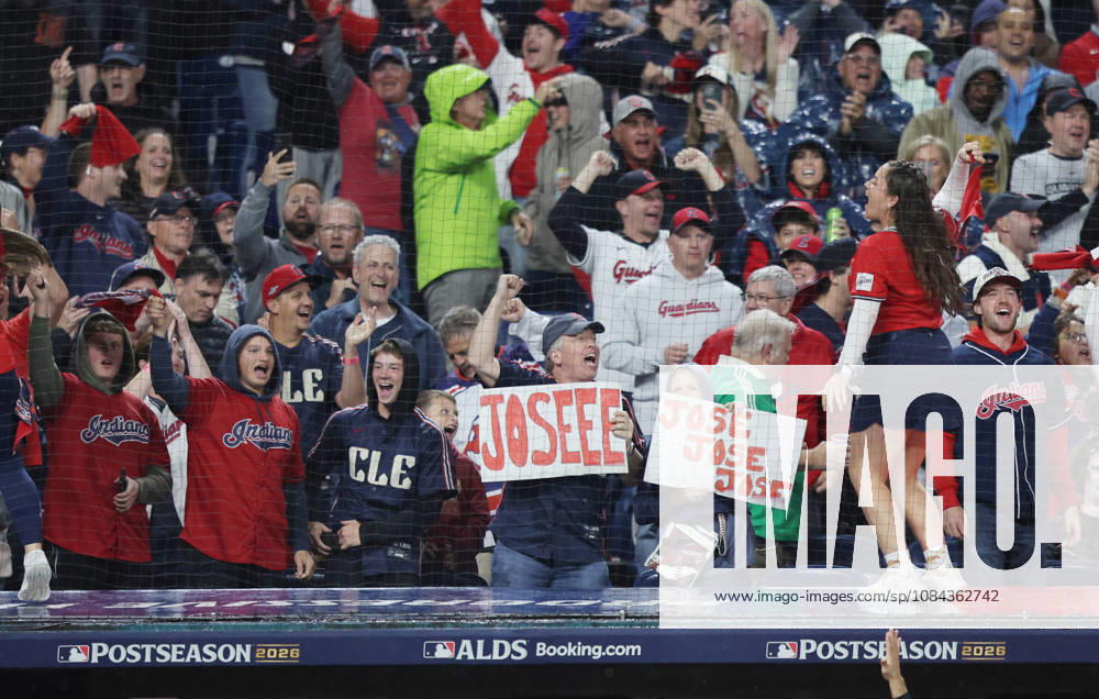 Cleveland Guardians fans celebrate after Jose Ramirez hit a two-run home run against the Chicago White Sox in the fourth inning of an MLB, Baseball Herren, USA American League Division Series at Progressive Field in Cleveland, Ohio, on Saturday, October 10, 2026. CLE20261010723 AARONxJOSEFCZYK