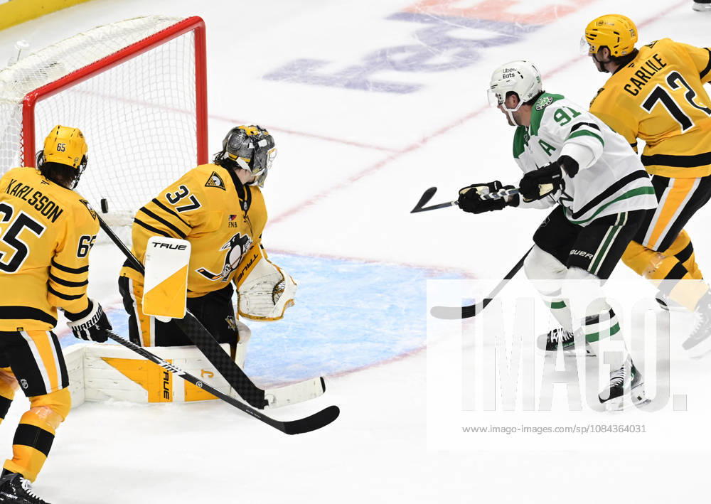 Dallas Stars center Tyler Seguin (91) scores pass Pittsburgh Penguins goaltender Arturs Silovs (37) forcing overtime with the Pittsburgh Penguins at PPG Paints Arena in Pittsburgh on Saturday, October, 10 2026. The Pittsburgh Penguins went on to win 2-1 in a shootout. PIT2026101017 ARCHIExCARPENTER