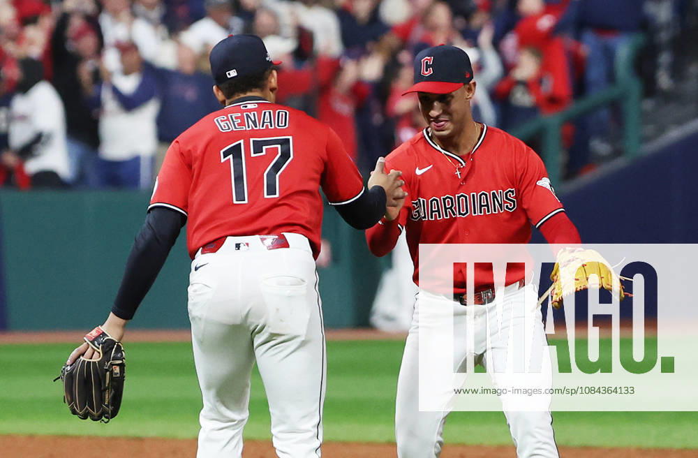 Cleveland Guardians second baseman Angel Genao (17) and shortstop Brayan Rocchio (4) celebrate after the Guardians defeated the Chicago White Sox 2-0 in the final game of their MLB, Baseball Herren, USA American League Division Series at Progressive Field in Cleveland, Ohio, on Saturday, October 10, 2026. The Guardians advance to play the Tampa Bay Rays in the American League Championship Series. CLE20261010740 AARONxJOSEFCZYK