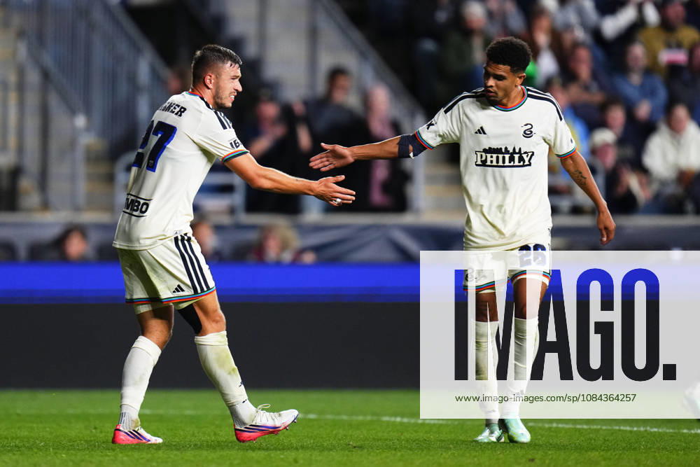 Philadelphia Union Defender Kai Wagner (27) and Philadelphia Union Defender Nathan Harriel (26) high five during the second half of an MLS, Fussball Herren, USA match at Subaru Park in Chester, Pennsylvania. CSM MLS 2026: Union Vs Salt Lake OCT 10 - ZUMAc04_ 20261010_zma_c04_311