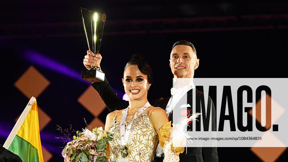 2026 World Standard Dance Championships in Leipzig, WDSF World Championships, October 10, 2026. Winners of the World Dance Championships in Leipzig on October 10, 2026: Gold medalists Vadim Shurin and Anastasia Meshkova from Latvia. Downtown Leipzig, Saxony, Germany. Leipzig Exhibition Center, Neue Messe Leipzig.