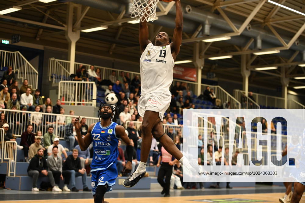 Darius Dawson, Matchday 4, BARMER 2 Basketball Bundesliga Pro A: ETB Miners vs. PS Karlsruhe LIONS, October 10, 2026. Dunk by Darius Dawson of the ETB Miners, Matchday 4 of the BARMER 2 Basketball Bundesliga Pro A, ETB Miners vs. PS Karlsruhe LIONS, final score 95–86 after overtime at the Sporthalle am Hallo on October 10, 2026, in front of 768 spectators