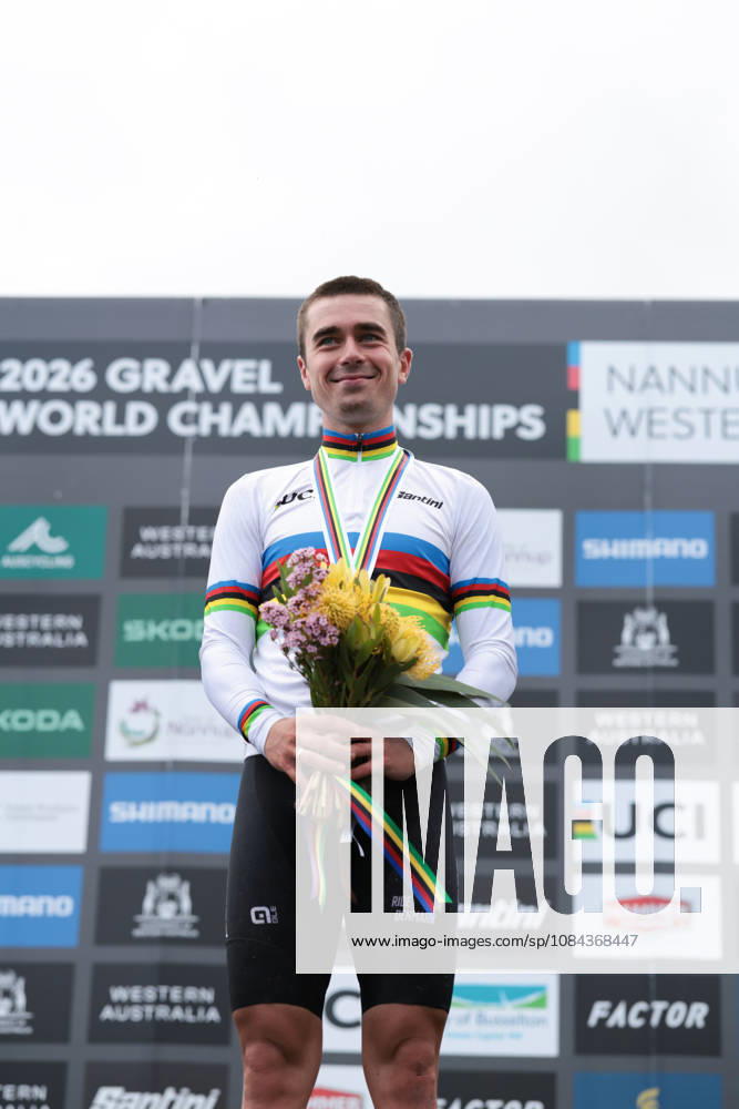 2026 UCI Gravel World Championships Picture by James Raison SWpix.com - 11 10 2026 - Cycling - 2026 UCI Gravel World Championships - Nannup, Western Australia, Australia - Mens Elite Podium - Magnus Bak Klaris (Denmark) wins the Gold Medal to become World Champion