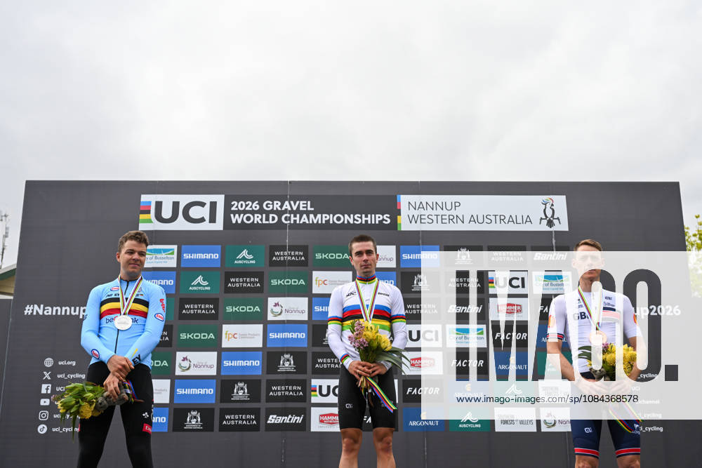 2026 UCI Gravel World Championships Picture by Zac Williams SWpix.com - 11 10 2026 - Cycling - 2026 UCI Gravel World Championships - Nannup, Western Australia, Australia - Mens Elite Podium - Magnus Bak Klaris (Denmark) wins the Gold Medal to become World Champion with Florian Vermeersch (Belgium) receiving the Silver Medal and Connor Swift (Great Britain) receiving the Bronze Medal