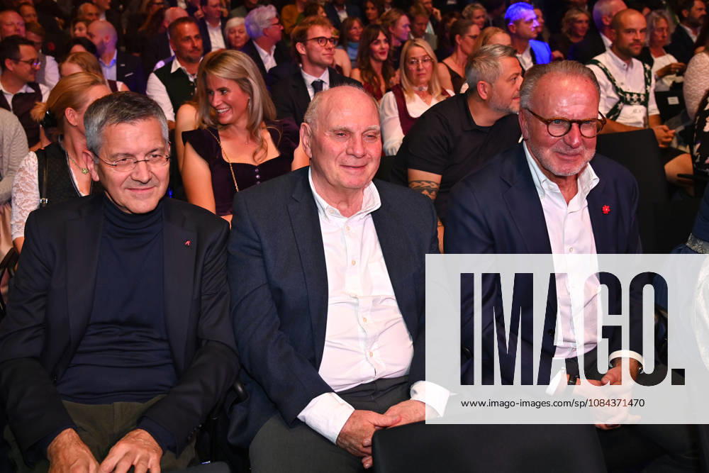 From left: Herbert HAINER, President of Bayern Munich; Uli HOENESS, Honorary President of Bayern Munich; Karl Heinz RUMMENIGGE, former CEO; Bavarian Sports Award 2026 at BMW Welt, Red Carpet on October 10, 2026