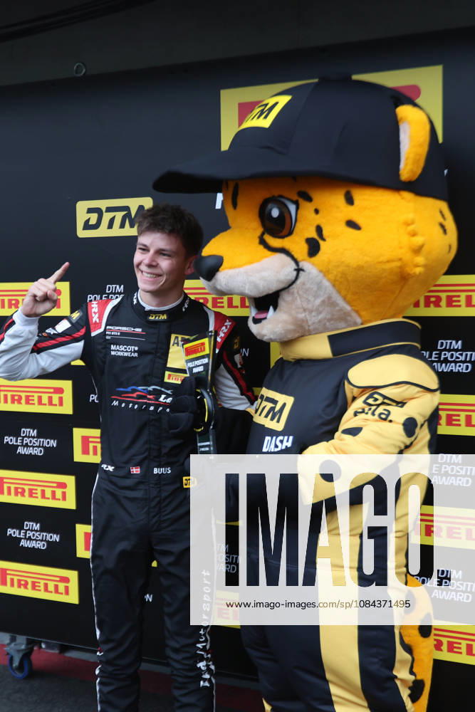 Hockenheim, Germany, October 9–11, 2026; 2026 DTM Season Finale at the Hockenheimring; Sunday, Qualifying 2; Pictured: Bastian Buus (DEN 29) in pole position, posing with the DTM Dash mascot at the Hockenheimring in Baden-Württemberg