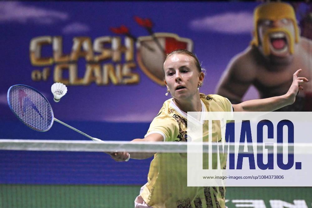Mia Blichfeldt of Denmark hits a return during her women s singles match against Ratchanok Intanon of Thailand (not pictured) during the finals at the badminton Clash of Clans Arctic Open 2026 tournament in Vantaa, Finland, on October 11, 2026. - ANTTI AIMO-KOIVISTO Finland bvivRtV3cFw